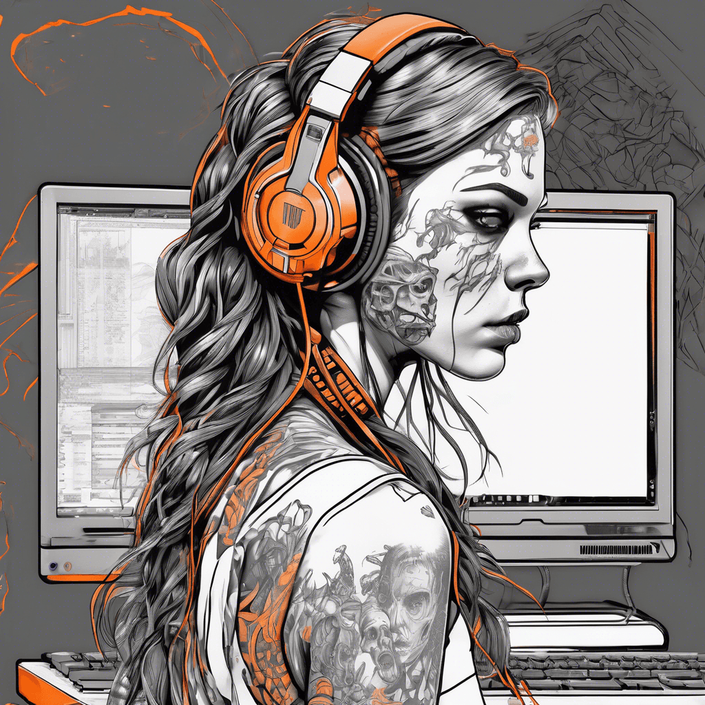 Posteria view of a walking dead girl with headphones on a computer with a vibrant orange screen