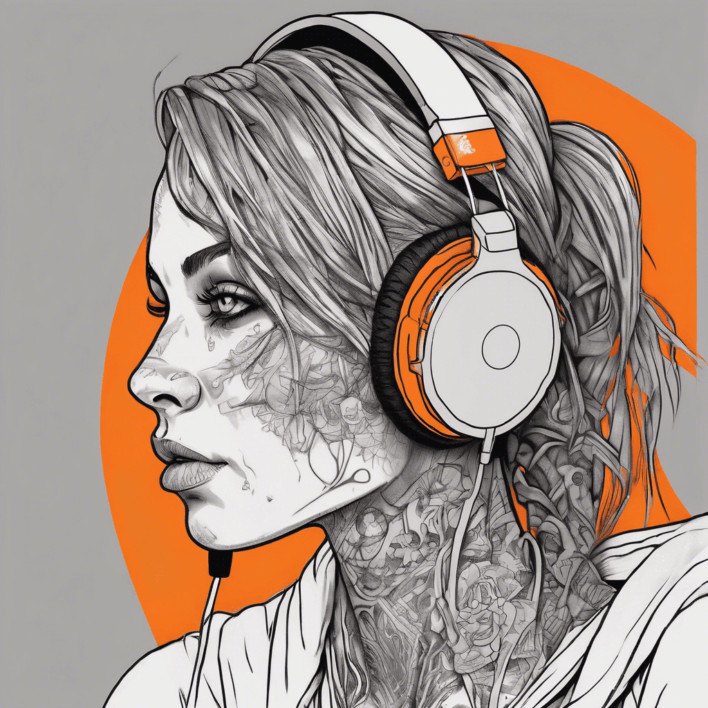 Dawn of the dead woman wearing headphones facing a vibrant orange computer screen