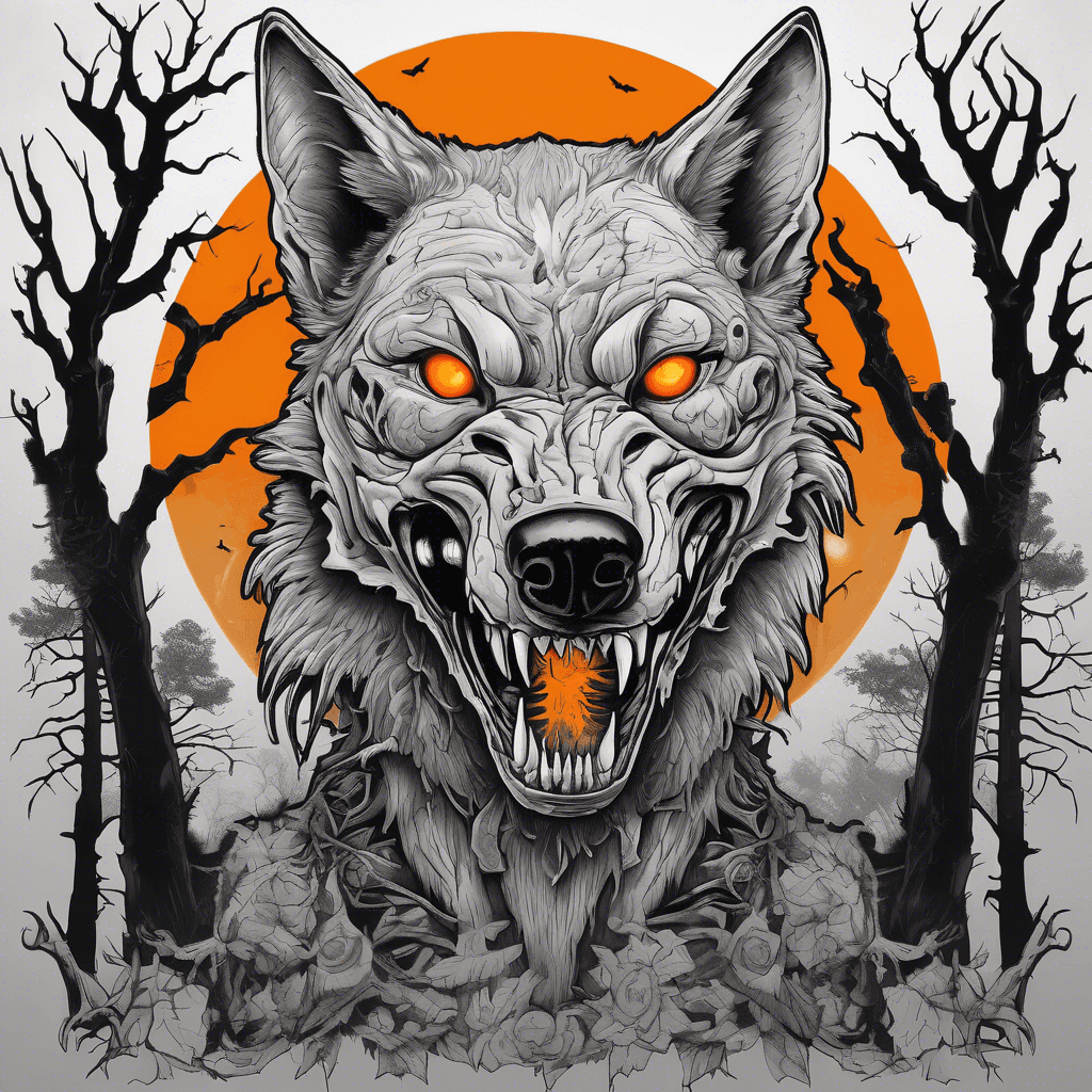 Dawn of the dead zombie wolf bones showing in parts to scale with glowing orange eyes baring teeth at a vibrant orange full moon. Blackout style eerie trees in background