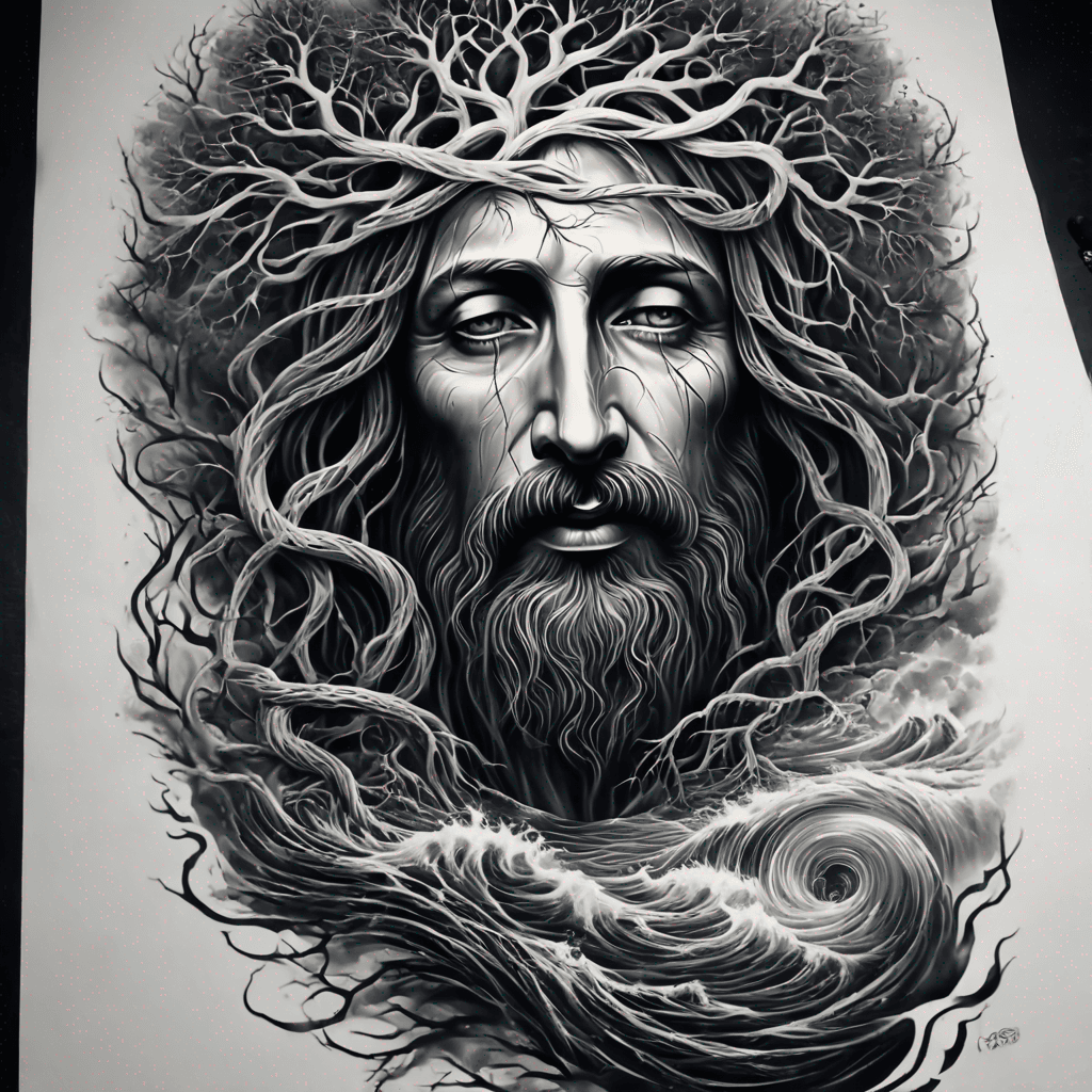 jesus and roots of a tree and waves