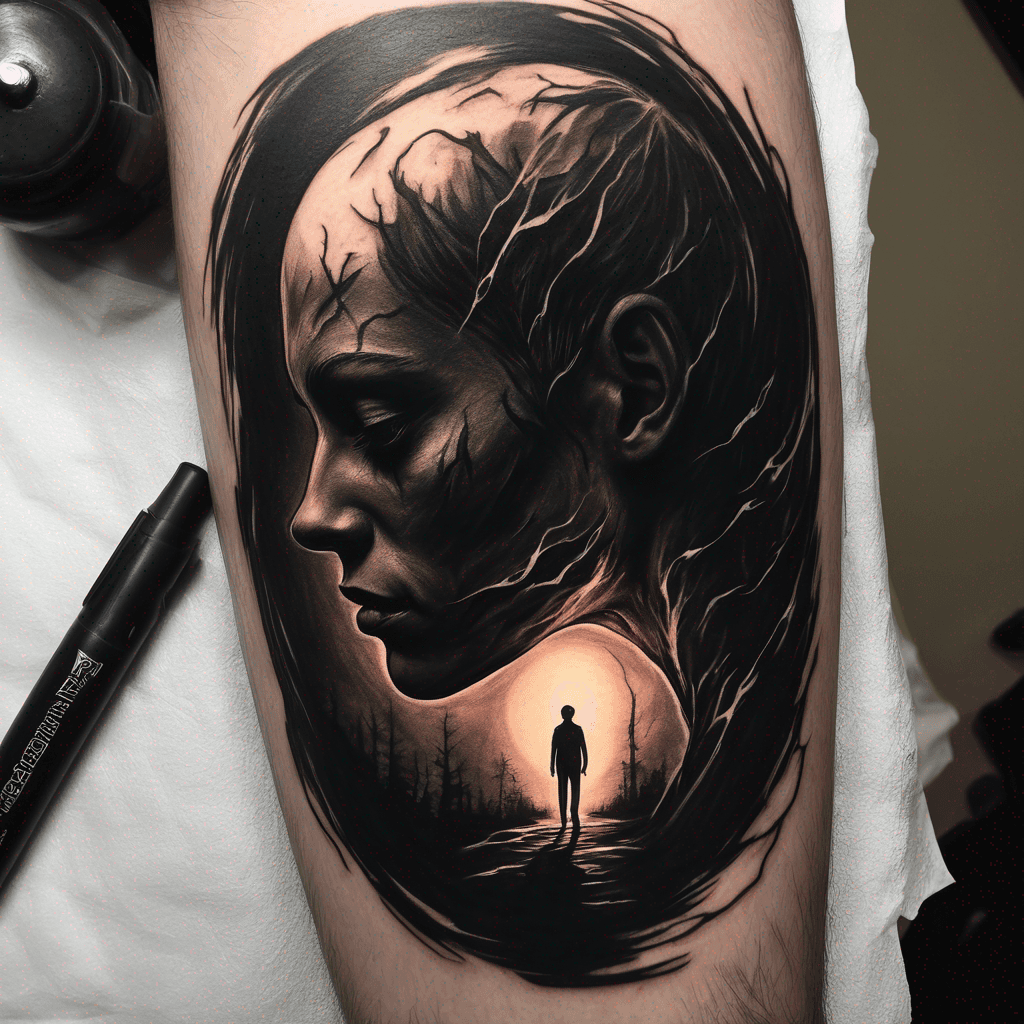A hopeful silhouette in a dark void, illuminated by a sweeping beam of light, casts a distorted, monstrous shadow, representing mental illness.