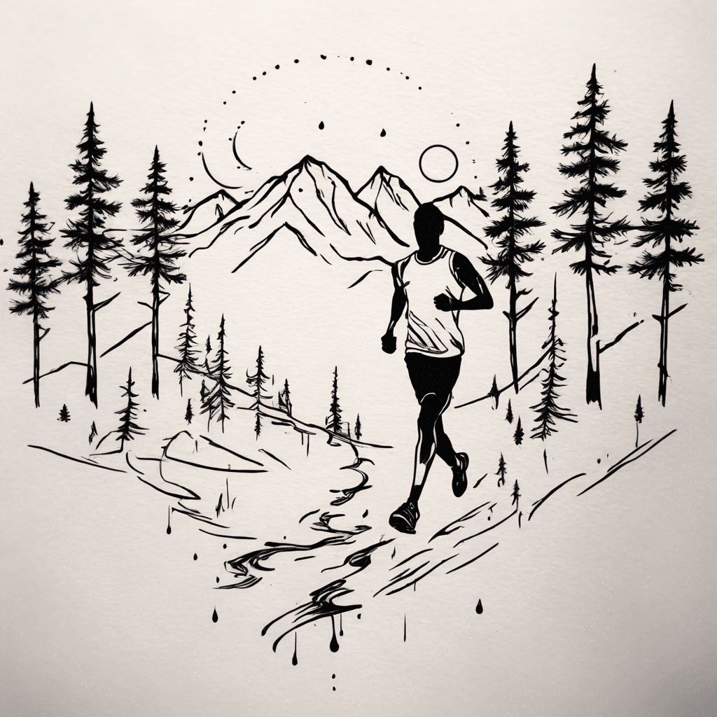 Completely Black Siloutte of a man running away on trail in fall with pine and Aspen trees around and mountains in background. Mostly black and white but some water color in trees to show it's fall