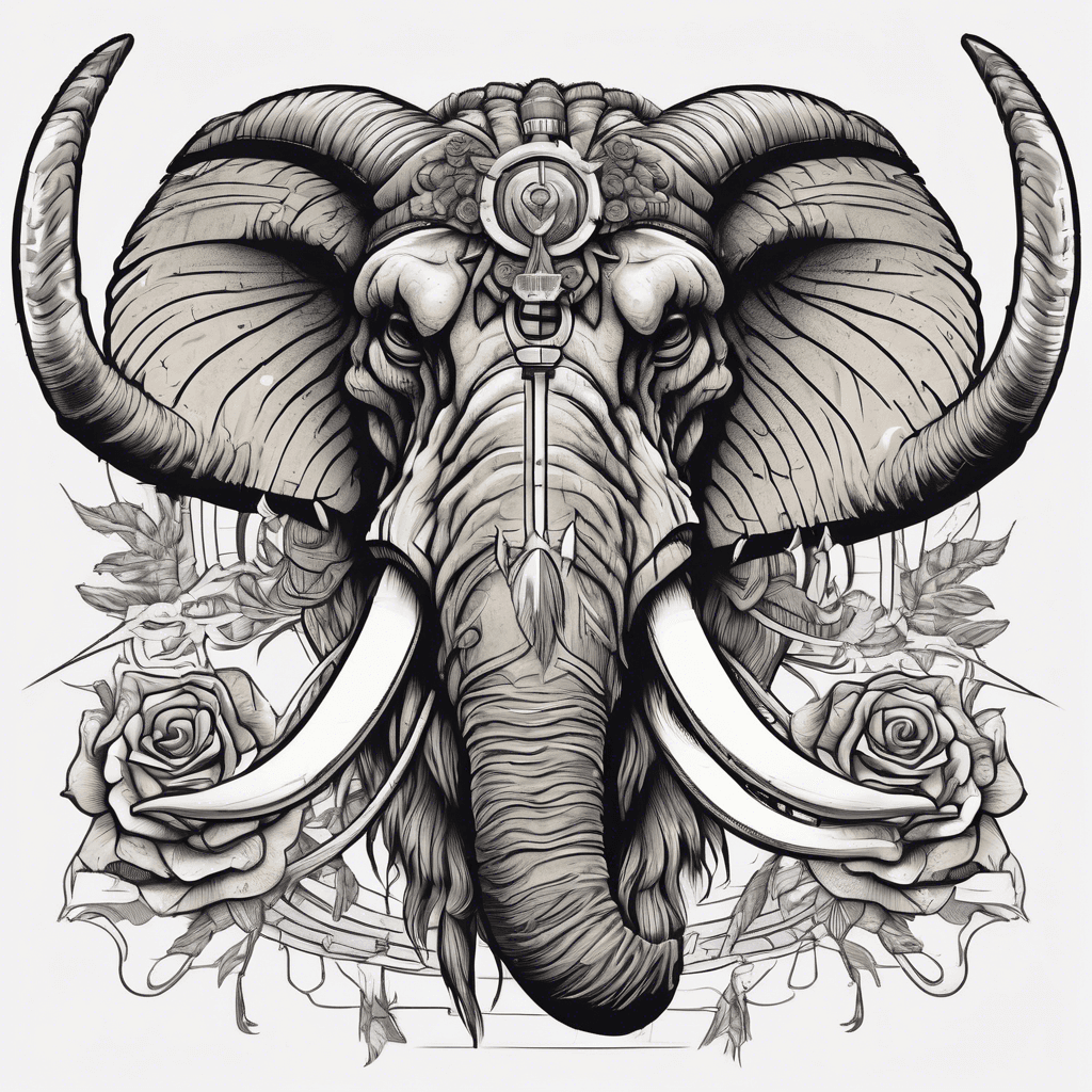 mammoth head with exaggerated tusks with arrows and spears