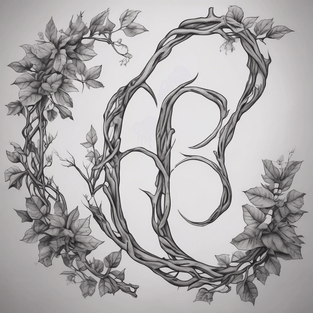 a minimalist tattoo featuring an old bush vine, such as in Ribera del Duero, where each branch looks like the letters C, P, S, and D