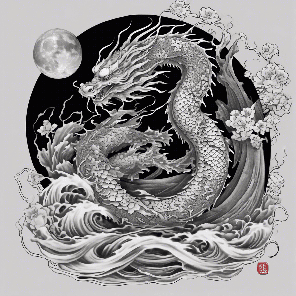 A large, intricately detailed Japanese traditional water dragon entwined with a vibrant koi, both swimming in a dynamic ocean beneath a meticulously detailed full moon.