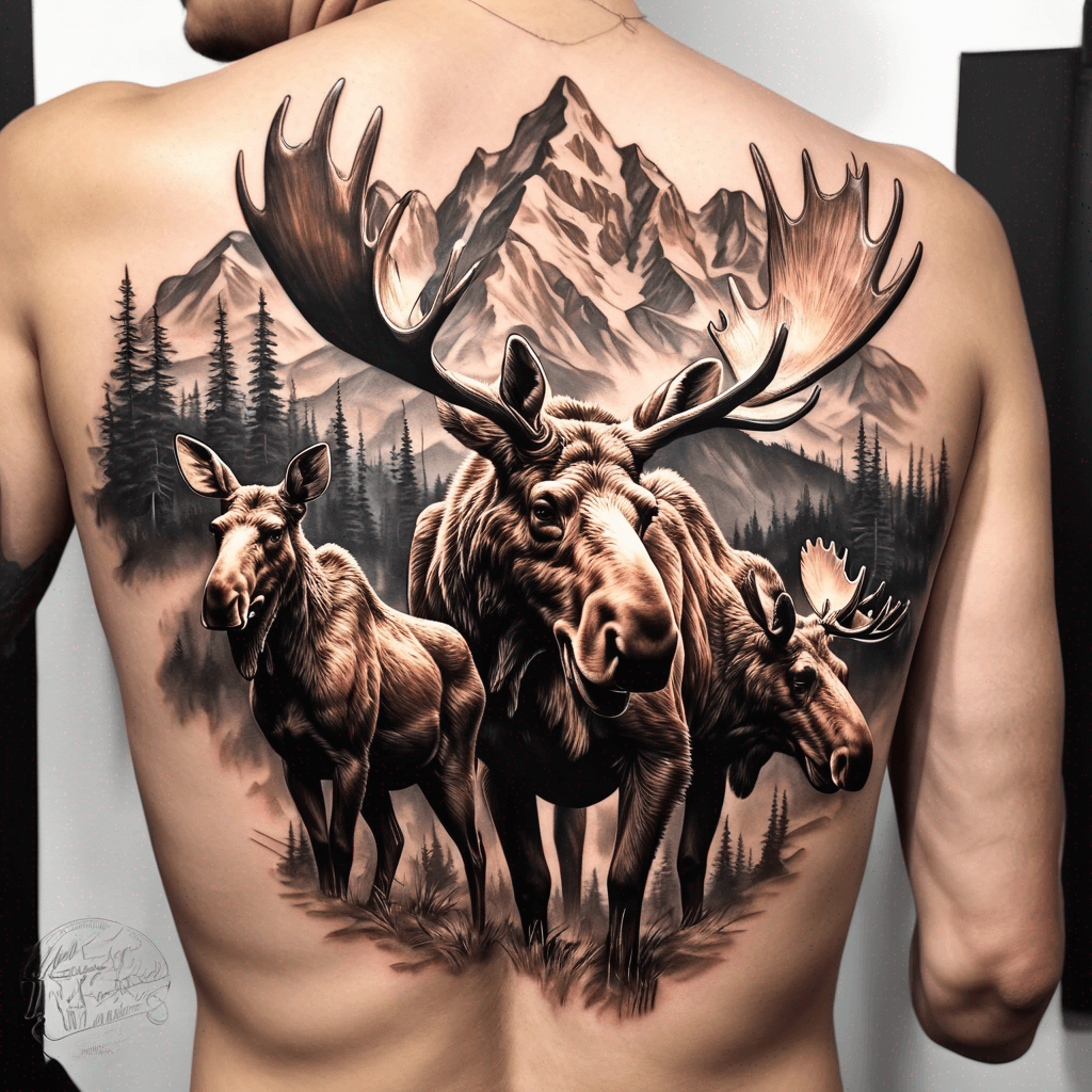 Family of Moose (four moose) with mountain range
