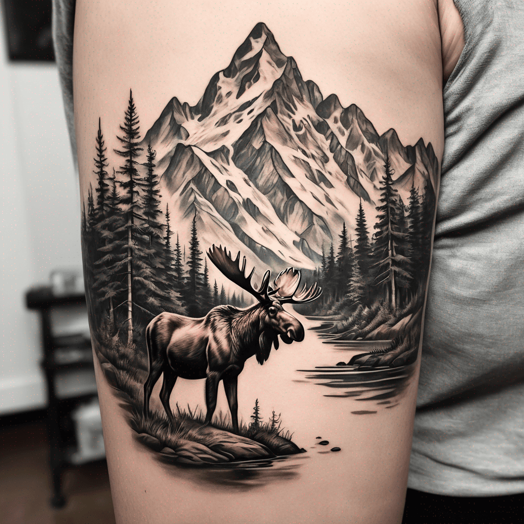 River with mountain range and family of moose
