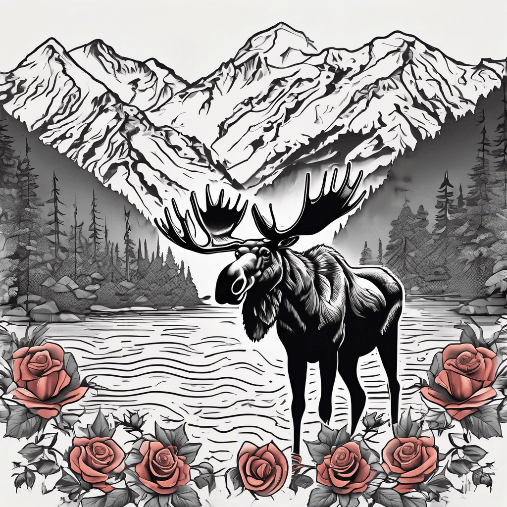 Moose family with mountain range and river view
