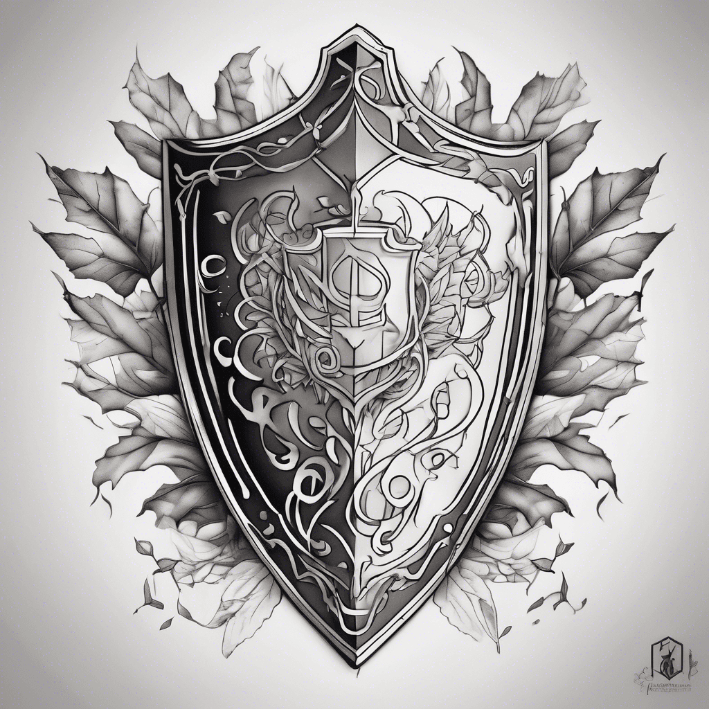 Design a simple shield featuring six meaningful words, intertwined with an autumn leaf and a music note, blending nature and melody in a harmonious tattoo.