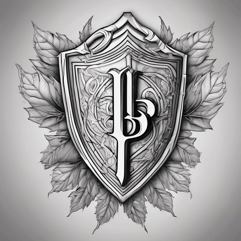 Six words written in tattoo of a shield with the letter B in the center with an autumn leaf behind sheild