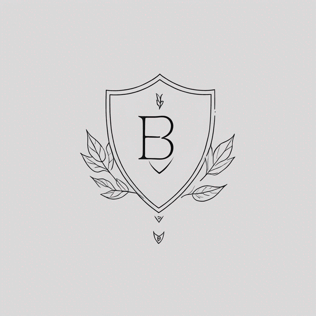"Design a tattoo featuring a shield with a central letter 'B', adorned with six meaningful words, and an autumn leaf gracefully positioned behind the shield."