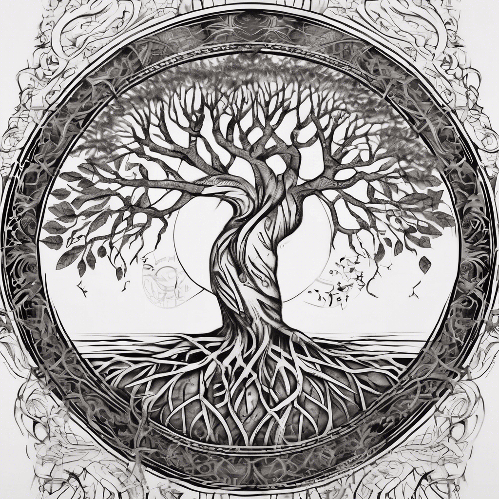 sun shining, tree of life with veins for roots, leaves and musical notes flying