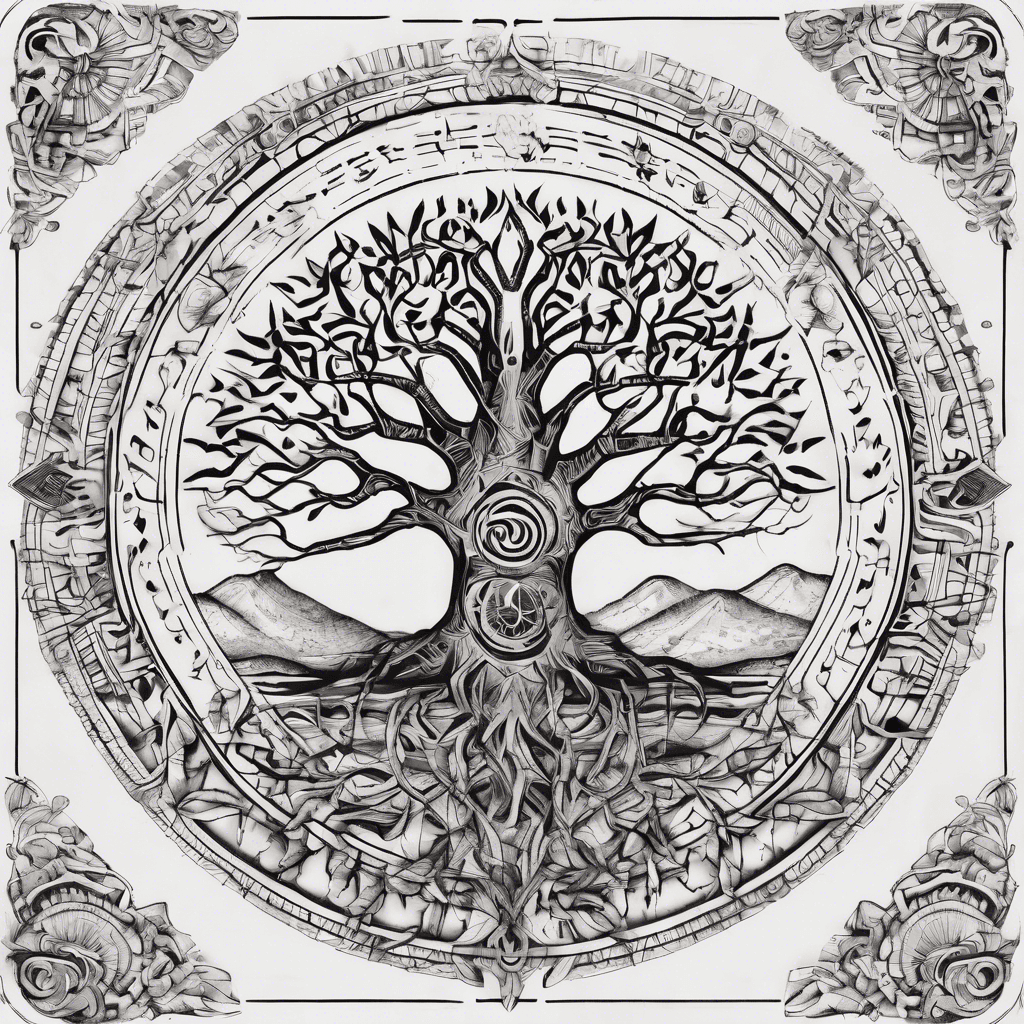 tree of life, aztec sun, yemenite filigree, musical notes, leaves flying, feeling of chaos