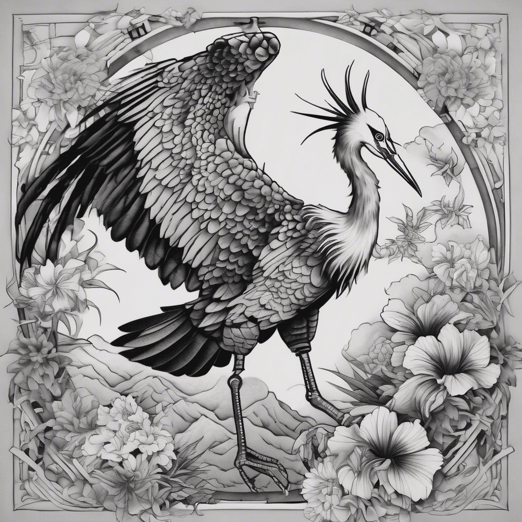 Create an American traditional black and grey patchwork sleeve featuring a crane, fan, tiger, and eagle surrounded by flowing Japanese flora, with clean, slightly realistic shading and tight spacing.