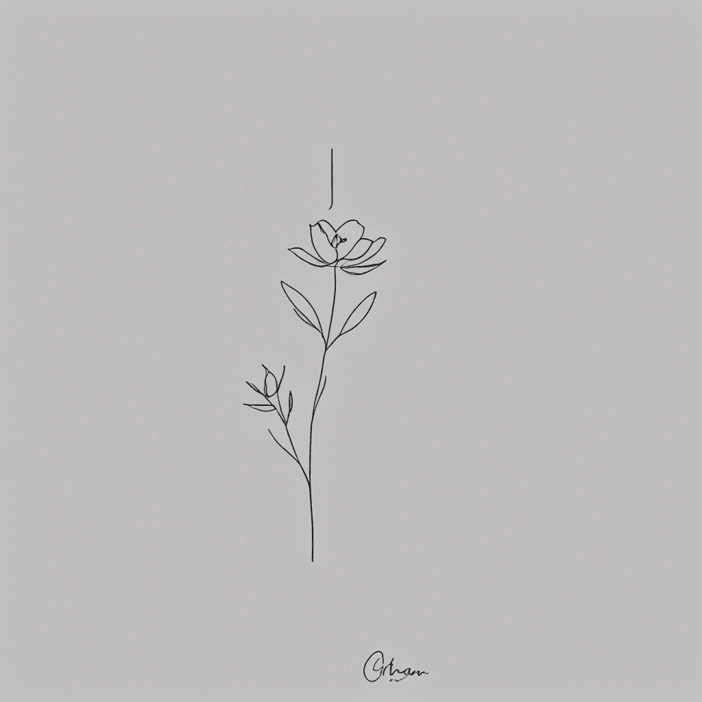 Minimalist fine-line tattoo design with the exact word "orHan", written exactly like this, thin elegant handwritten signature style. From the last letter of the name, a single thin stem continues seamlessly and naturally, ending with a delicate flower. The text, stem and flower must look like one continuous design. Minimal, clean, aesthetic tattoo concept, collarbone placement.