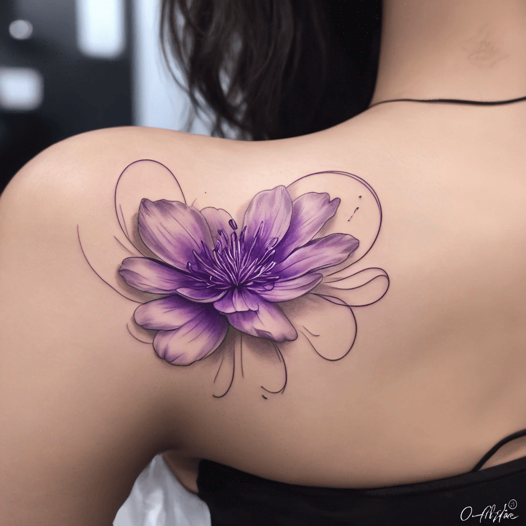 Minimalist fine-line tattoo design. Start with a delicate purple flower with thin petals and soft shading. From the base of the flower, a thin stem curves gracefully and transforms into the handwritten cursive capital letter "O". The "O" must look like a real handwritten signature letter, not a circle or number 0. The stem and letter should form one continuous elegant line, minimal, aesthetic, refined tattoo concept.