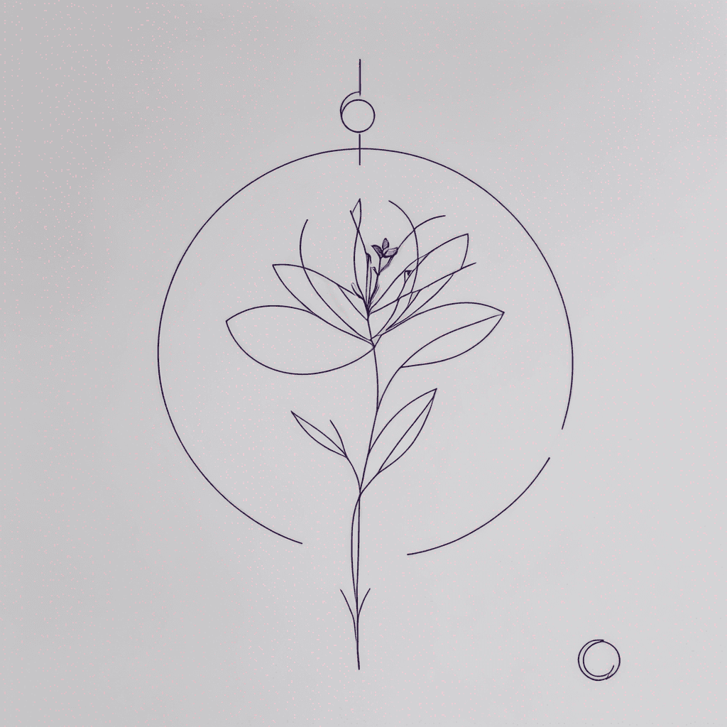 Minimalist tattoo design of a clean geometric circle representing the letter "O". A delicate purple flower with thin petals and soft shading is attached to the side of the circle, connected by a thin stem with two small green leaves. The flower must look naturally blooming from the circle. Fine-line style, elegant, refined, minimal tattoo composition.