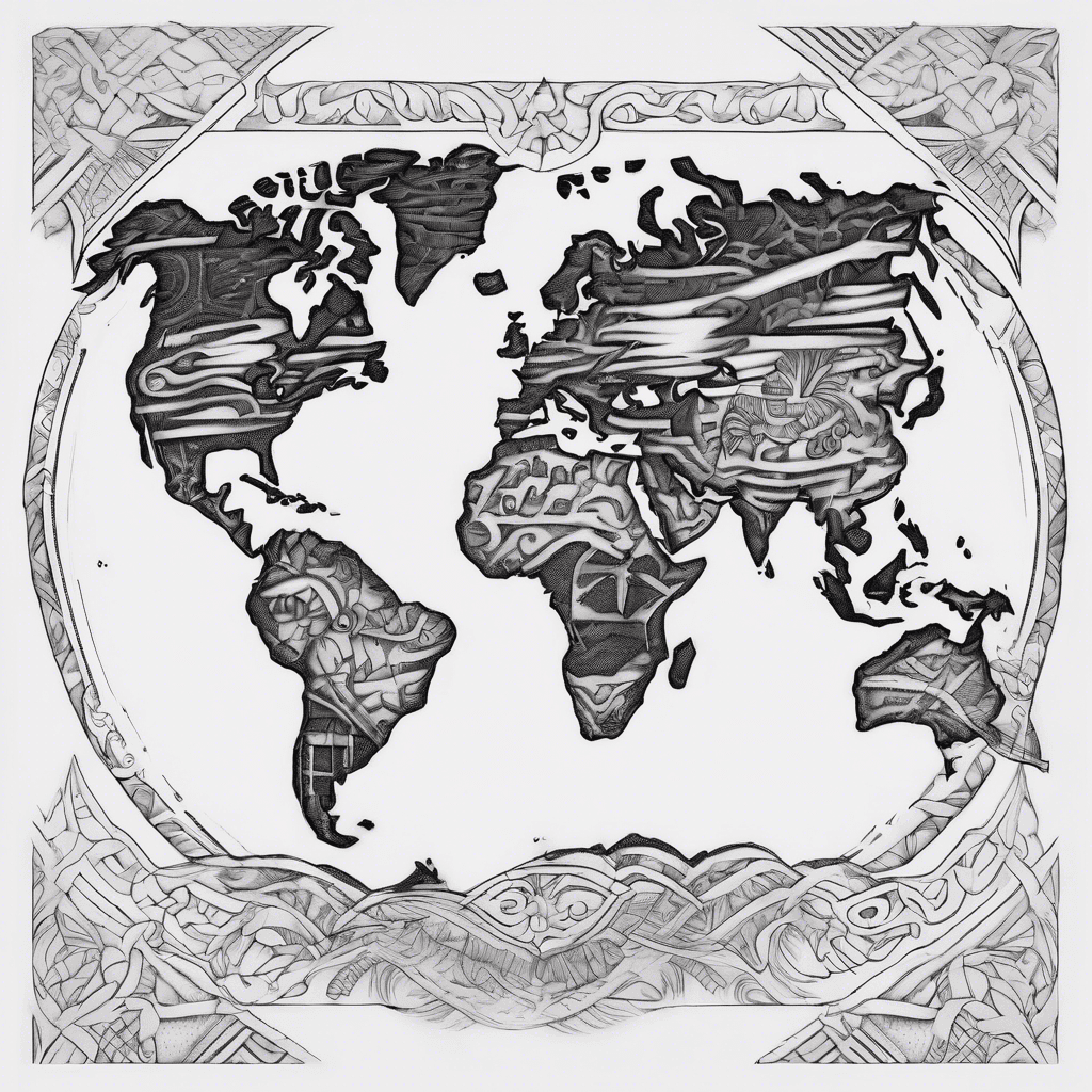 a polynesian style tattoo showing a world map, black and white, light couloured (not much black). straight lines.