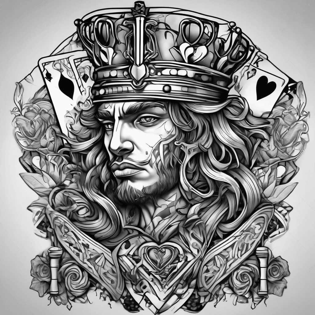 Create a vibrant King of Hearts as a hockey player, layered over an Ace of Spades, detailed like two overlapping blackjack cards.