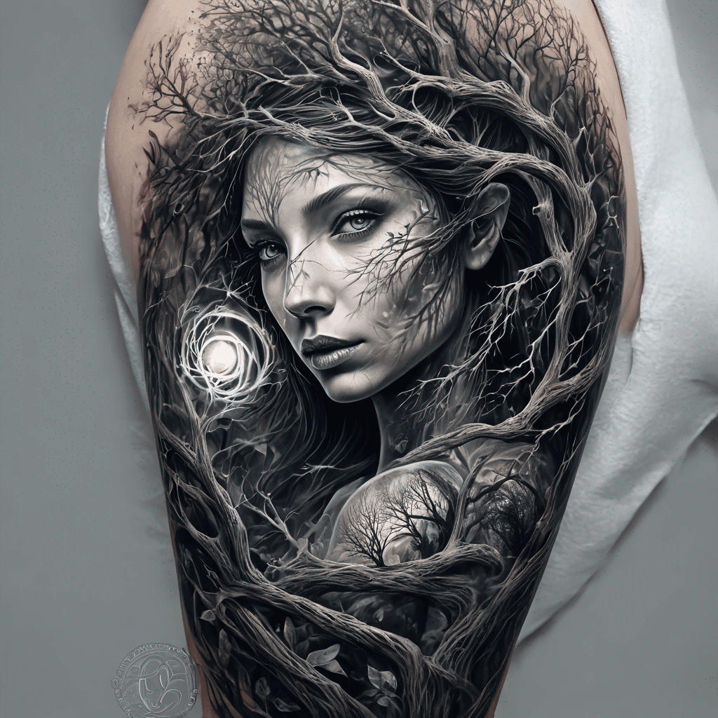 create me a full sleeve tattoo with a lifetree and a female elf who stucked in the branches