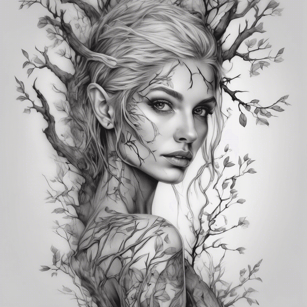 reate me a full sleeve tattoo with a lifetree and a female elf who stucked in the branches