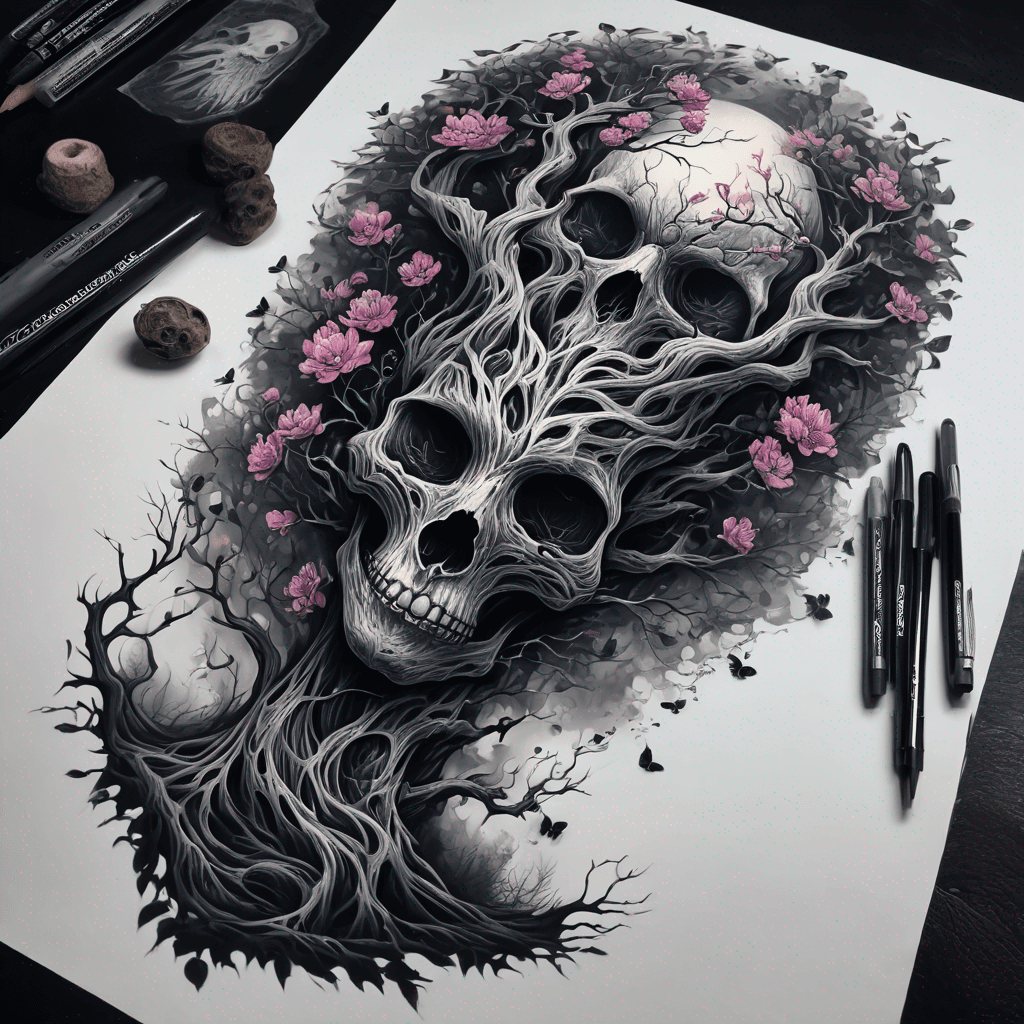 dark twisted tree morphs into demon skulls ascending the trunk, while a sorrowful fairy curls up on a branch amid vibrant blooming flowers