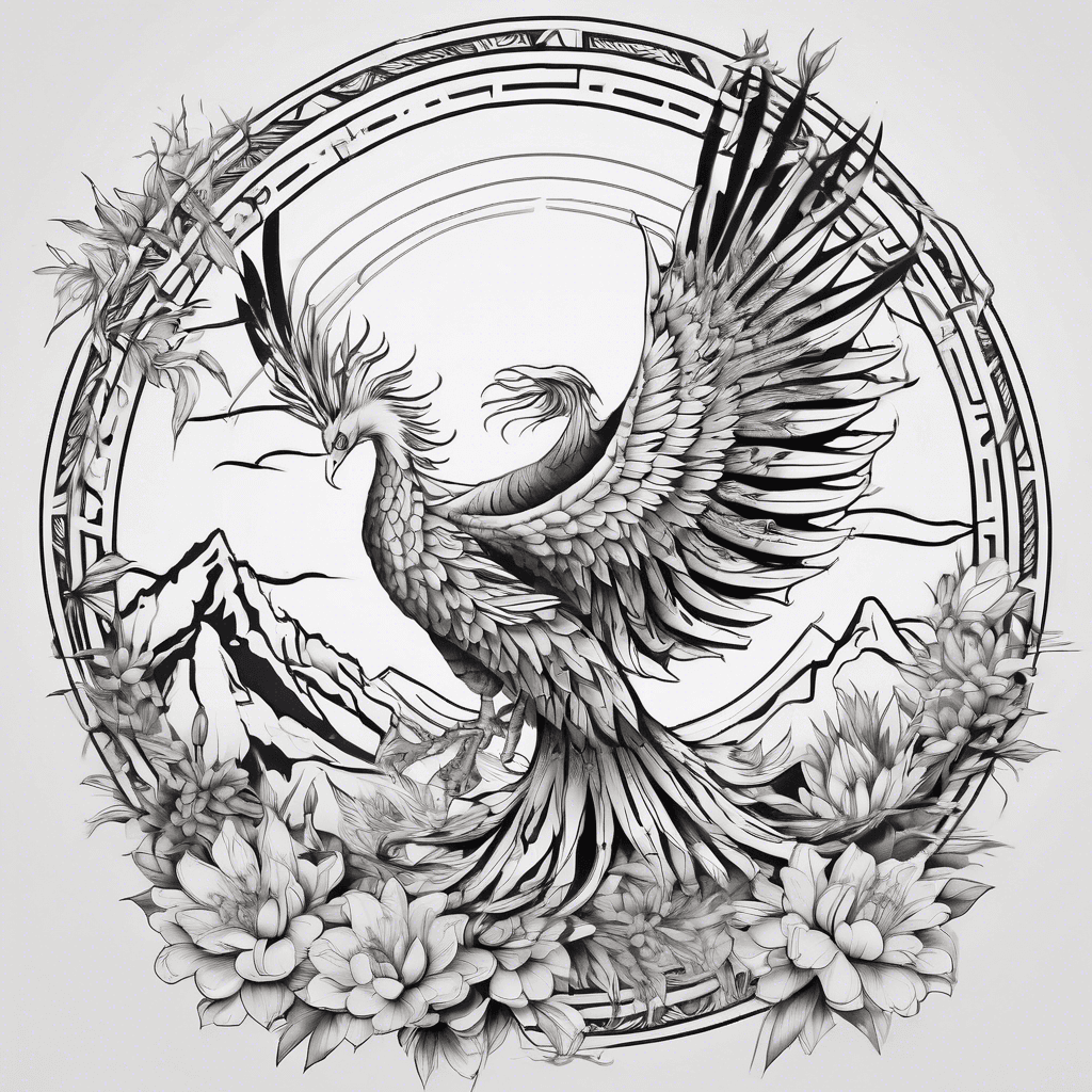 Tattoo sleeve with a phoenix, mountain sunrise, lotus flowers, bamboo and olive branches