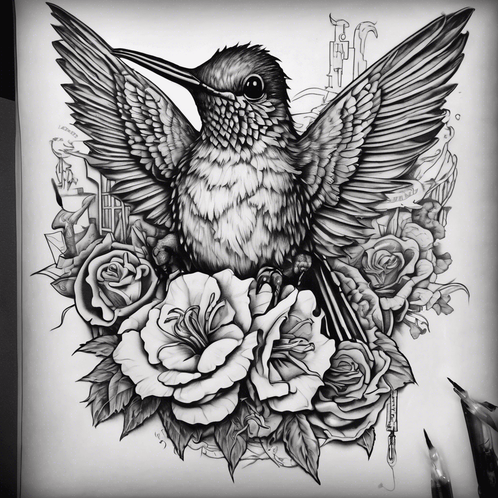 Design a tattoo featuring a detailed hummingbird and a realistic to cartoonish Tasmanian devil, surrounded by "Born To Raise Hell." Incorporate elements of time, heaven, and hell, along with prison-related imagery, extending from my breastplate down to my wrist.