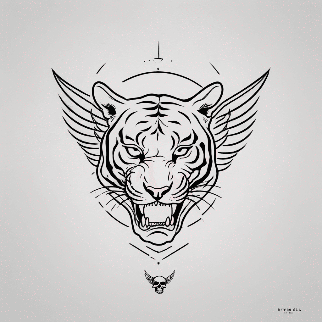 Tiger head biting a skull with wings