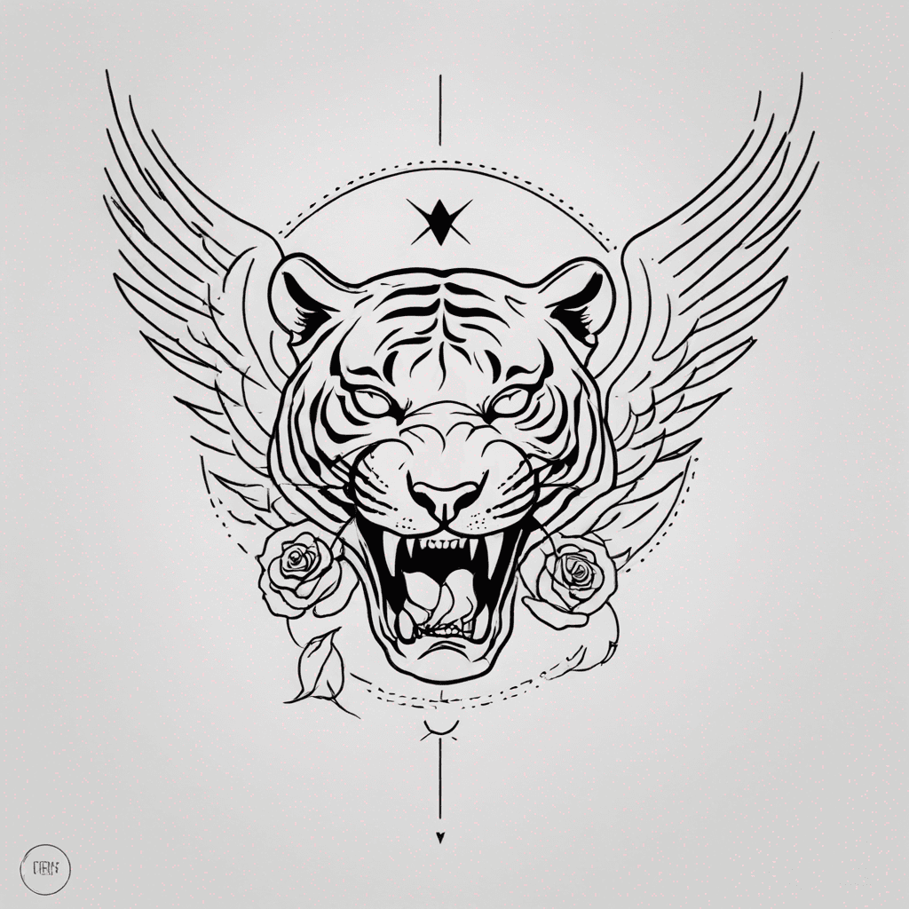 Tiger head biting a skull with wings