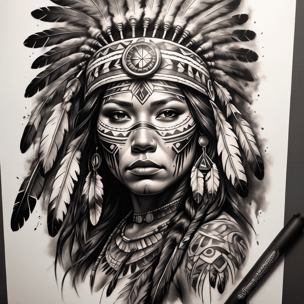 Detailed female Native American with bear headdress, featuring intricate tribal patterns, vibrant feathers, and sparkling gemstones, symbolizing strength and spirituality.