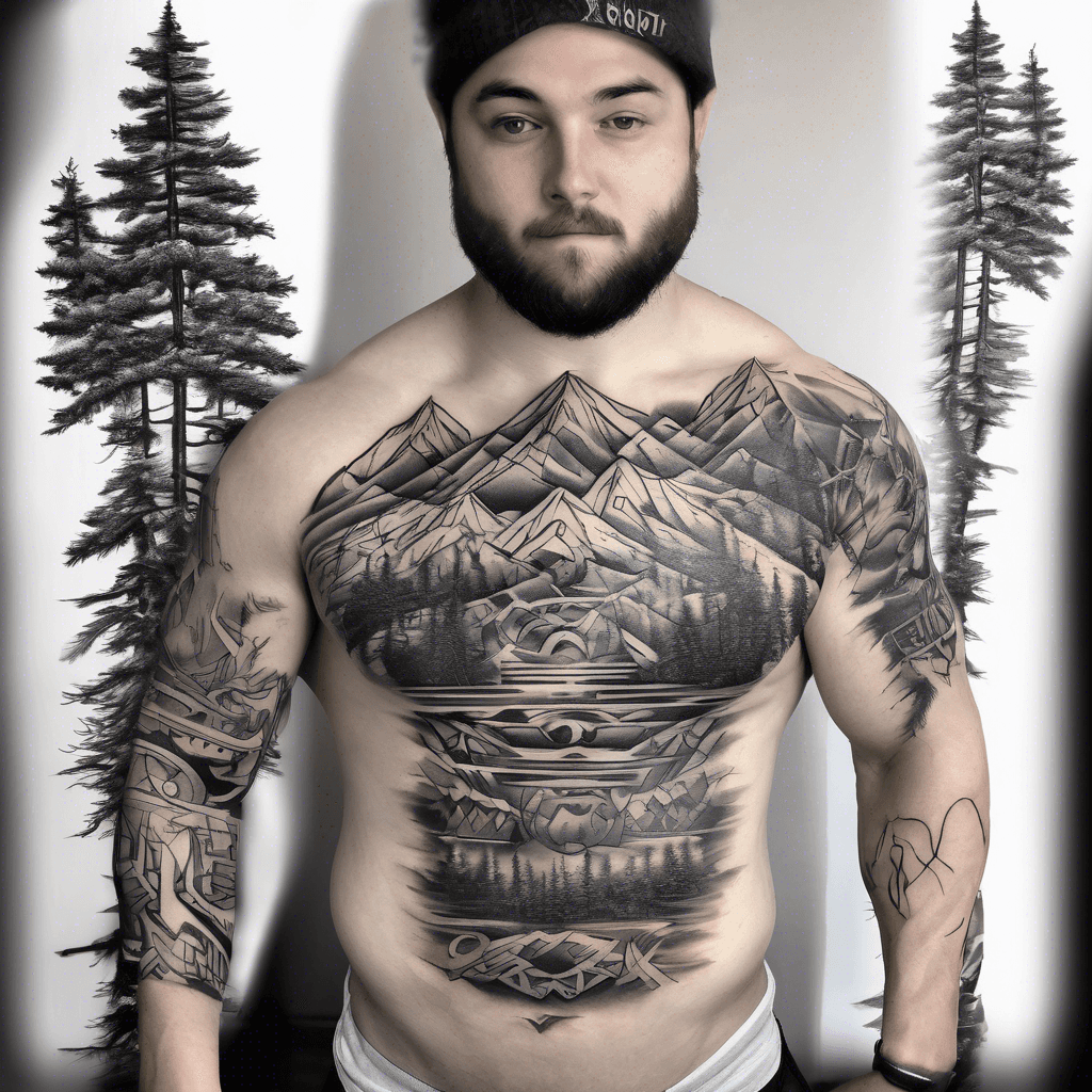 Vibrant arm sleeve tattoo design showcasing an epic weightlifting theme intertwined with tall trees, majestic mountains, flowing creeks, and a Polaris RZR.