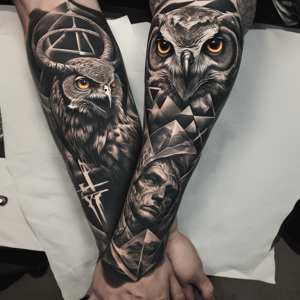 Full sleeve left arm: Outside top arm - bison or stag (undecided) Inside top arm - Alien with had extended, with a symbol on his hand as he’s reaching out Elbow area above and below: duality ourosboros Top Wrist to bottom of snake: owl need triangles in the geometry here Bottom wrist: statues - think Hinduishhh Include jaguar with 4 eyes STRONG GEOMETRY - please reference Alex Grey This will be a black and white piece Include dream catcher and sacred geometry Linework style