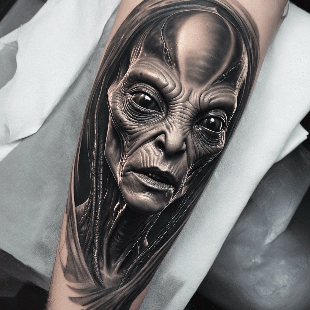 Inside top arm - Alien with had extended, with a symbol on his hand as he’s reaching out