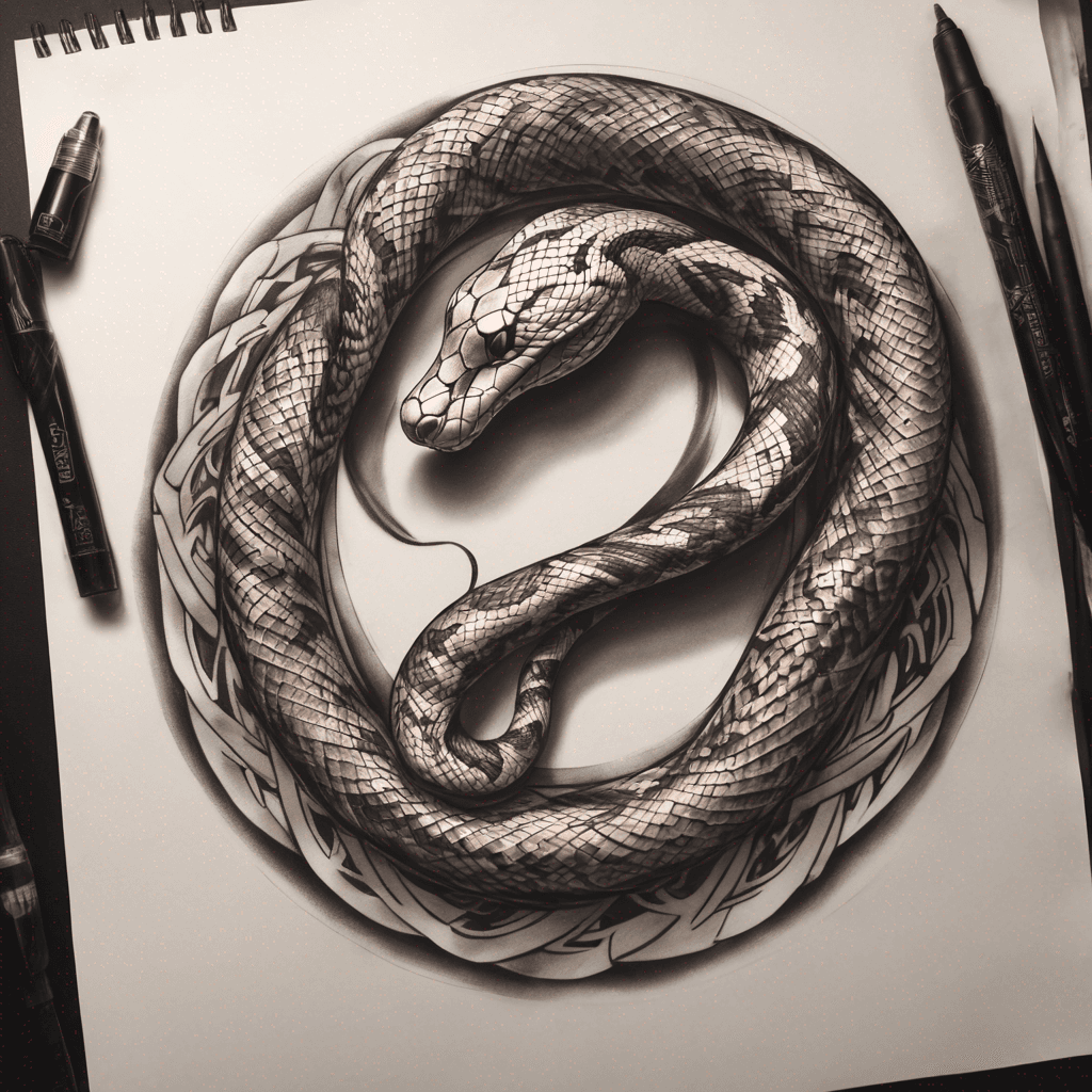 a serpent with its own tail in its mouth forming a mirrored ouroboros; one light, one dark. Placement: Wraps around the elbow joint, with heads above and tails below. Geometry: Interwoven with a mandala pattern.