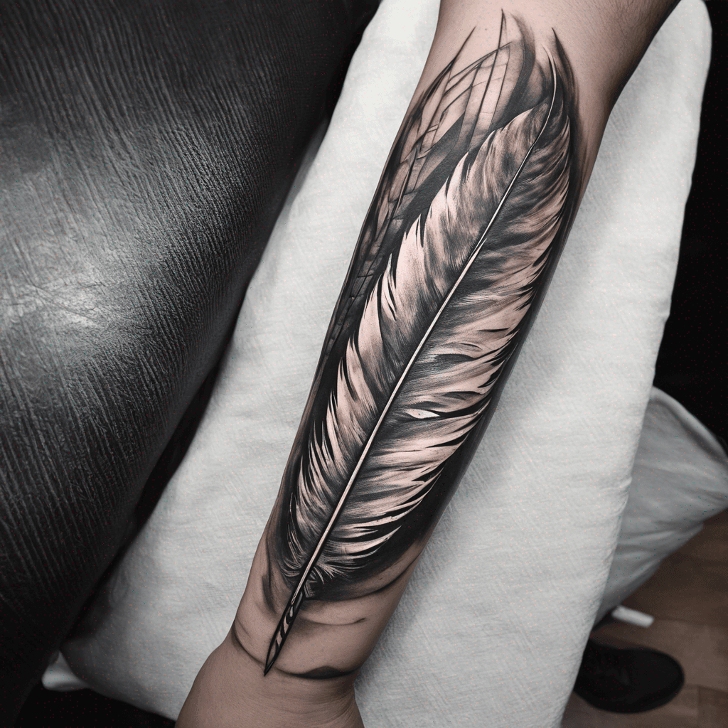 tattoo on wrist: feathers flowing into sacred geometry