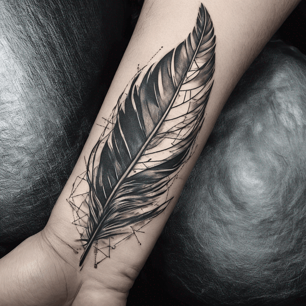tattoo on wrist: small feathers flowing into sacred geometry