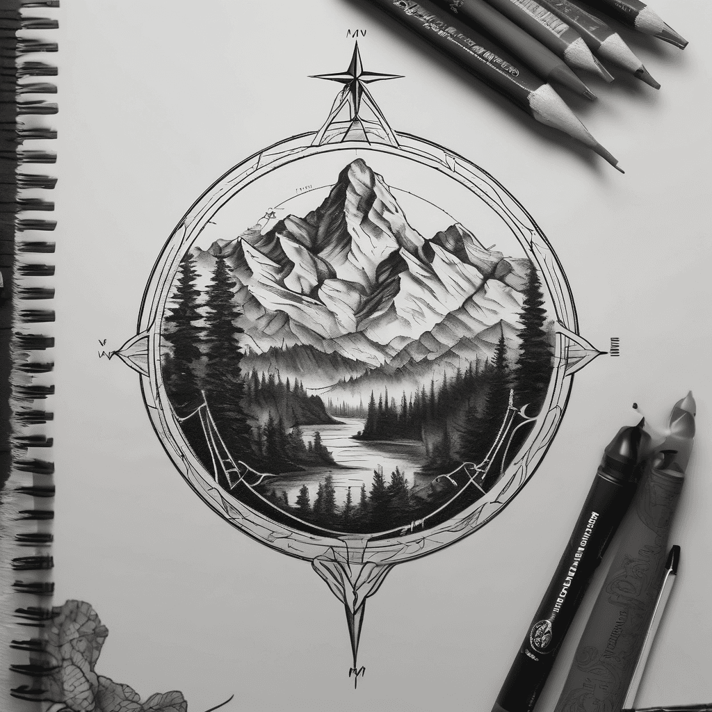 Mountain scene inside a compass rose