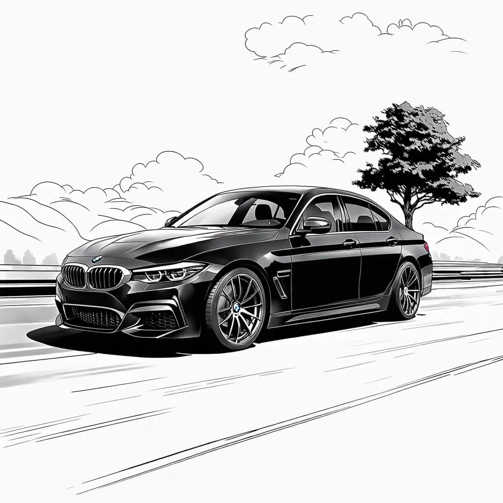 A sleek, high-end BMW running on a highway, a solitary tree beside, bright sun shining in the background. The driver must be visible.