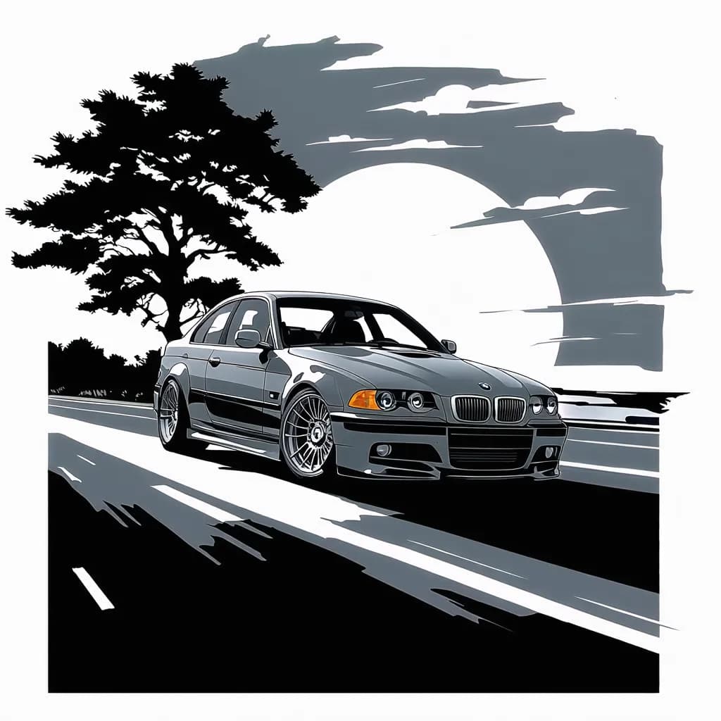 A man in a sleek, high-end BMW running on a highway, a solitary tree beside, bright sun shining in the background.