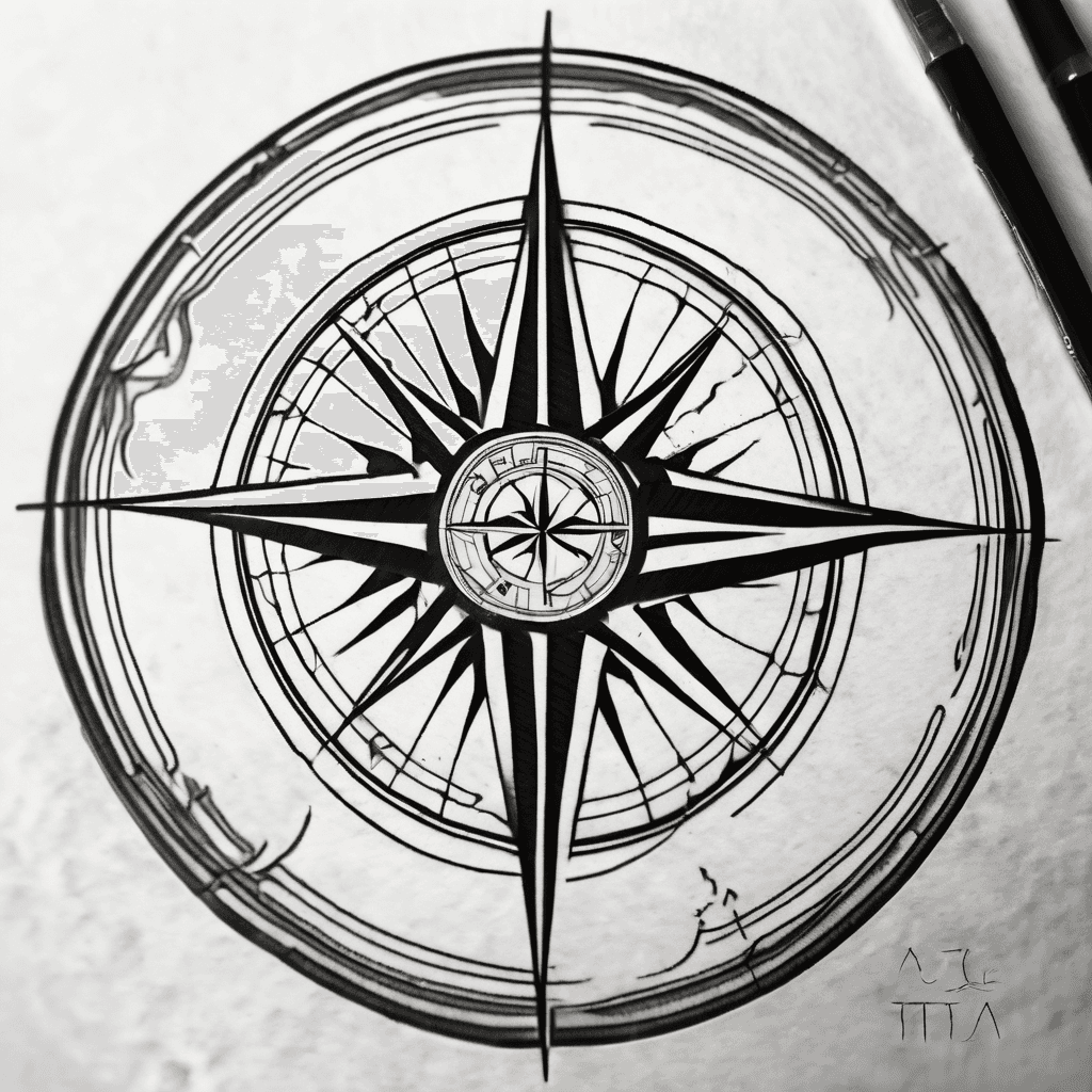 Minimal blackwork tattoo design. A clean compass rose at the center, symbolizing guidance and the sea. The outer circle is formed by flowing binary digits (0s and 1s), representing my past as a systems engineer. Subtle nautical elements, like a faint wave pattern or anchor motif, blend into the design to symbolize my present life as a sailor. Geometric, precise linework with a balanced, timeless aesthetic. Emphasis on harmony between technology and the ocean, past and present.