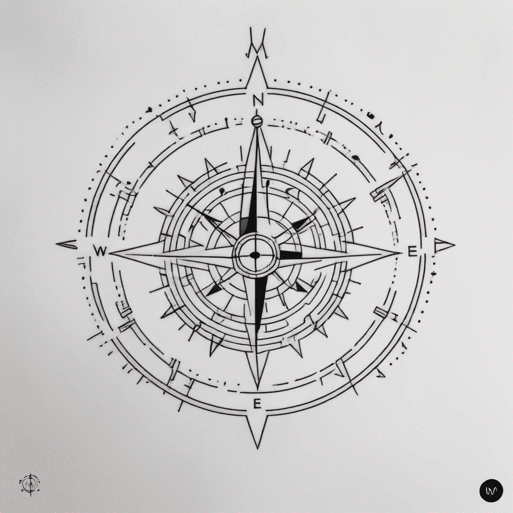 Geometric tattoo design. A compass rose at the center, but the circle and outer markings are made entirely from binary digits and circuit-like patterns, showing my systems engineer roots. Binary transitions into subtle wave or anchor symbols, connecting my past in technology with my present life as a sailor.