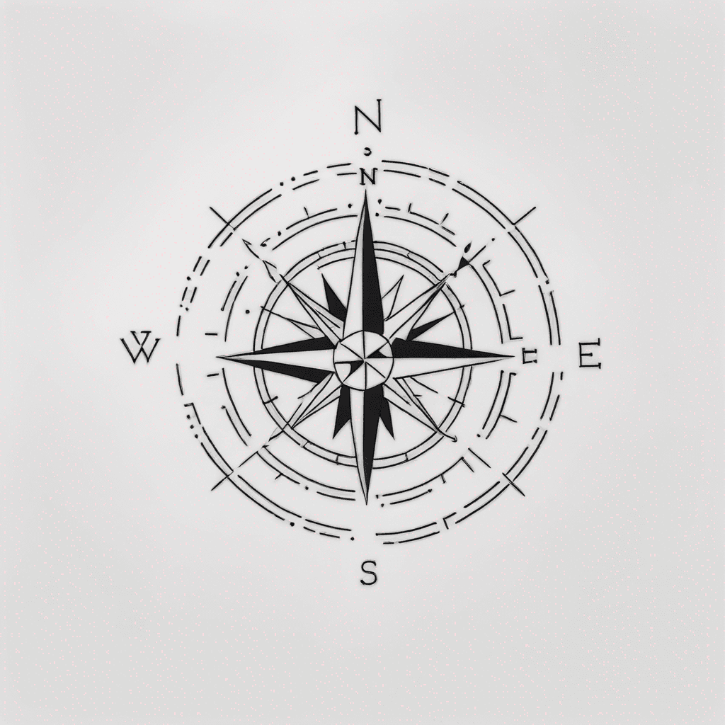 Compass rose inside a square microchip outline, merging navigation with technology. Minimal geometric black tattoo