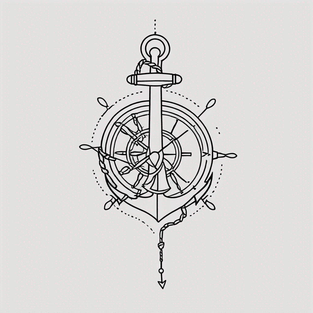 Anchor wrapped with a mechanical gear, showing the balance of engineering past and sailor present. Bold black lines, minimal