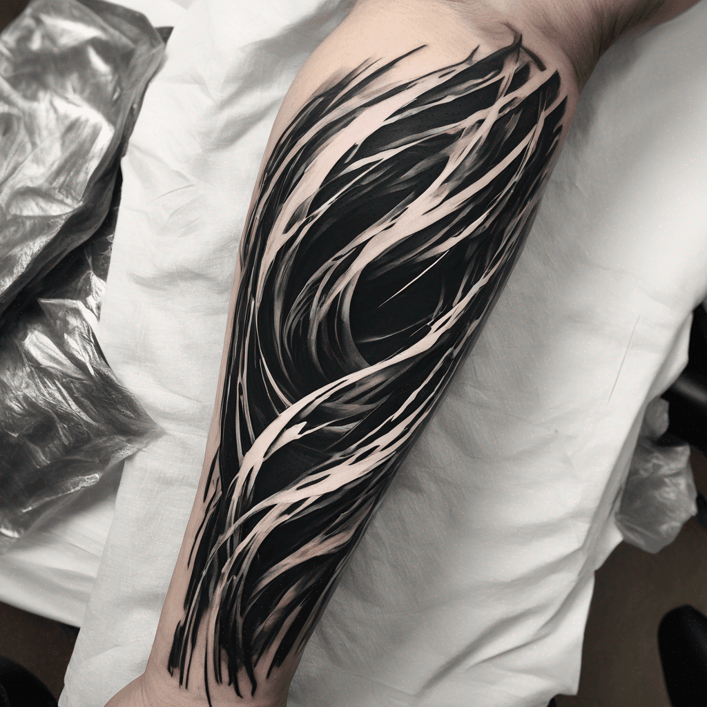 Abstract black paint strokes overlapping in dynamic twists and turns, creating a bold, artistic tattoo design full of movement and depth.