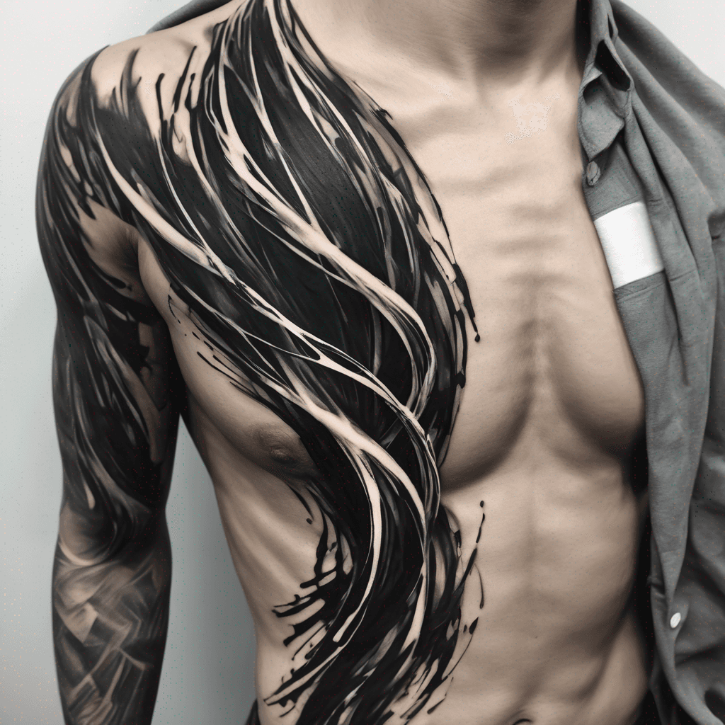 Abstract black paint strokes overlapping in dynamic twists and turns, creating a bold, artistic tattoo design full of movement and depth.