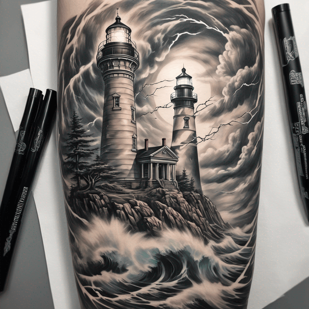"Dynamic storm scene with swirling clouds and vivid lightning, featuring a resilient lighthouse representing faith and unbreakable family bonds."