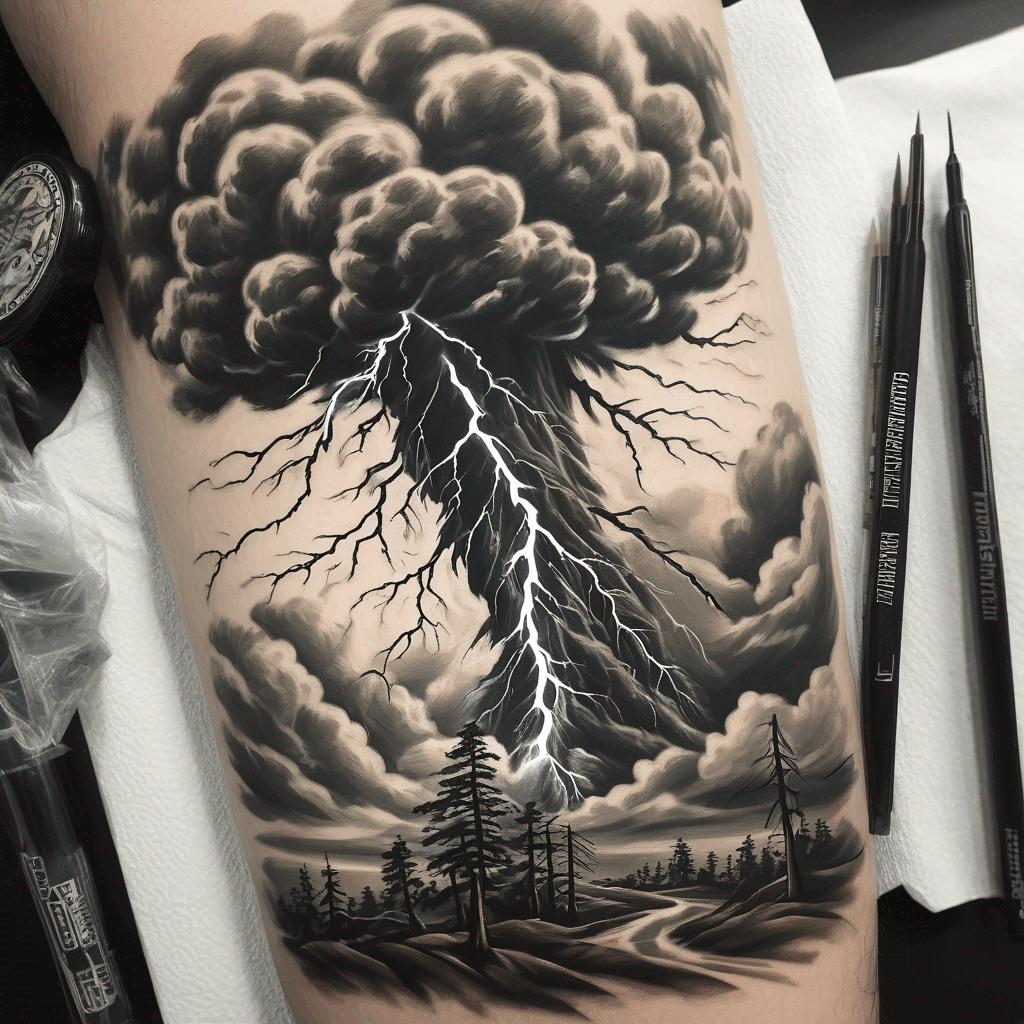 "Dynamic nature scene featuring a powerful storm: dark clouds, lightning strikes, symbolizing lifes challenges