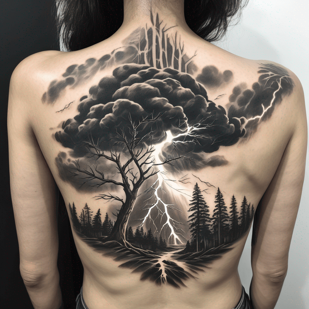 A powerful thunderstorm raging in a forest, dark clouds swirling, lightning flashing with a tree of life in the center