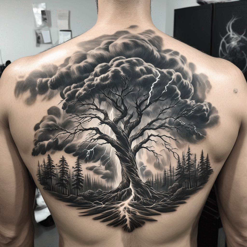 A powerful thunderstorm raging in a forest, dark clouds swirling, lightning flashing with a tree of life in the center symbolizing strength